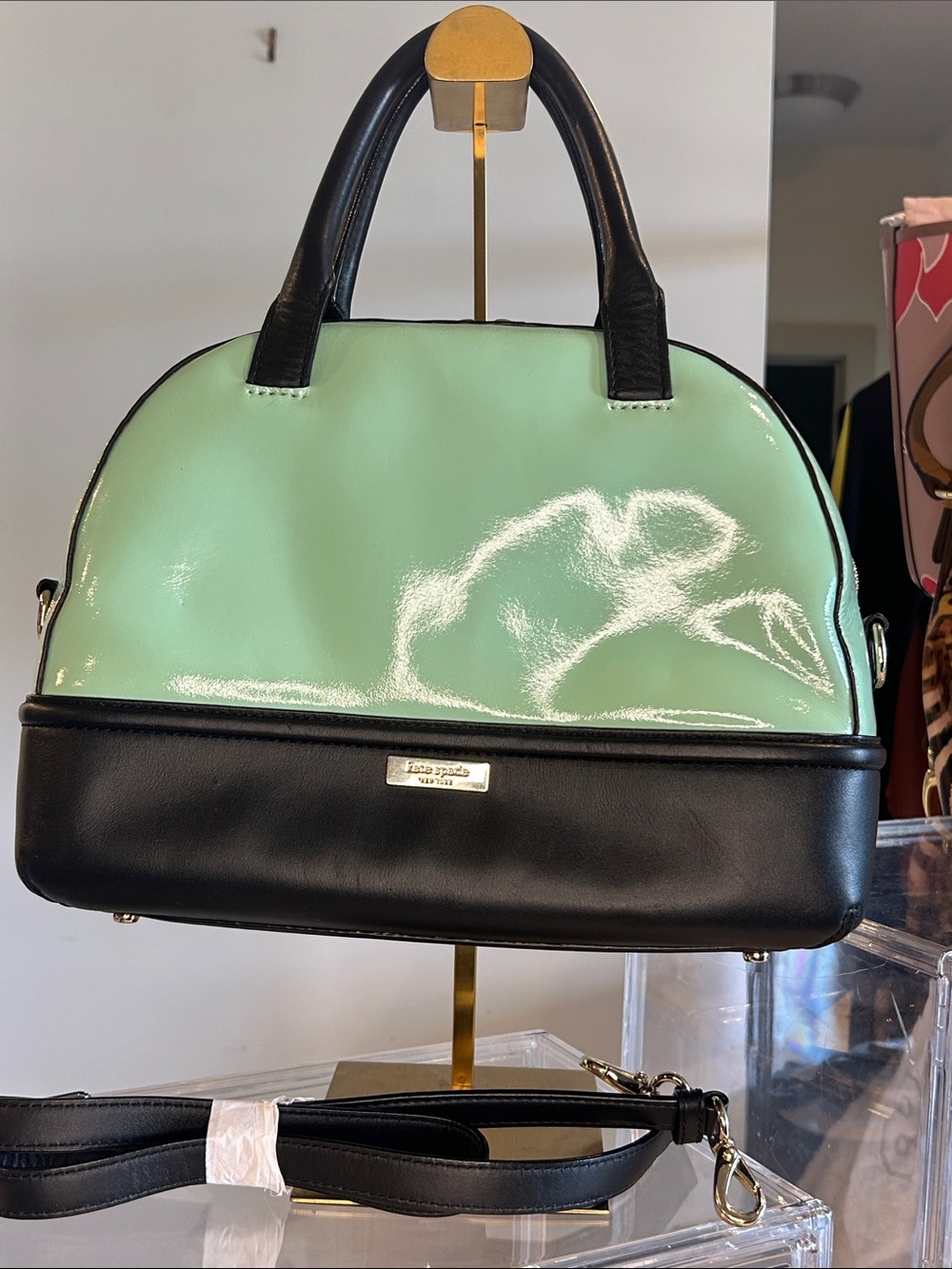 kate spade Chelsea Park Mint and Black Patent Dome Satchel 12.5”x 5”x 9.5” EUC - Picture 2 of 8